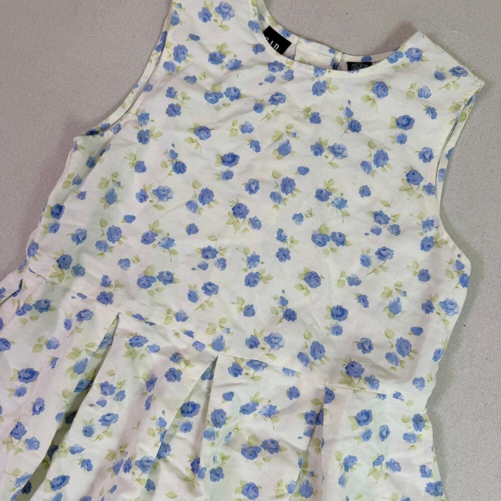 Vintage Gap Linen Blend Floral Dress Girls XL Cream Blue Back Button Cottagecore